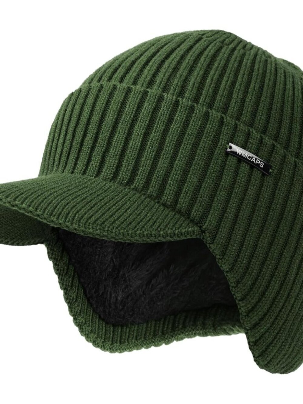 Unisex Green Lined Knit Beanie With Brim Ear Flaps Winter Classic Stocking Cap